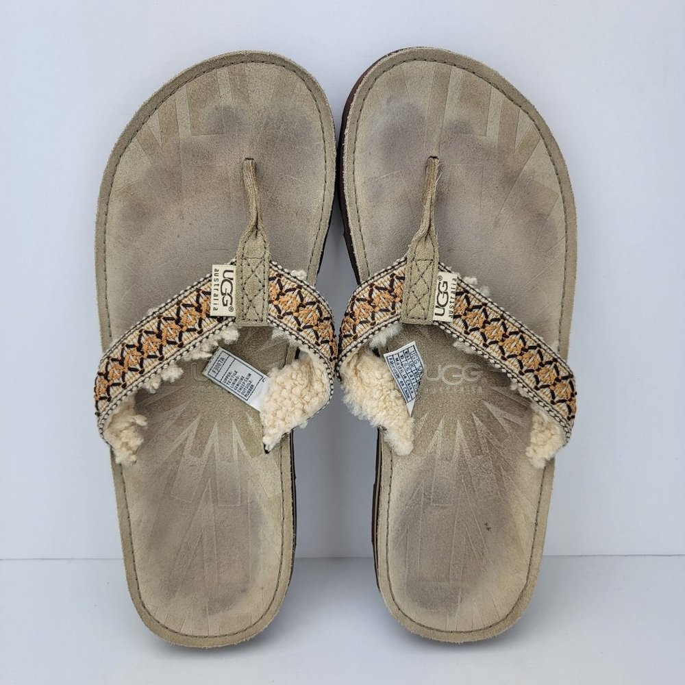 Ugg Womens Size 10 Tan Leather Sherling Fur Thong Flip Flop Sandals 1638